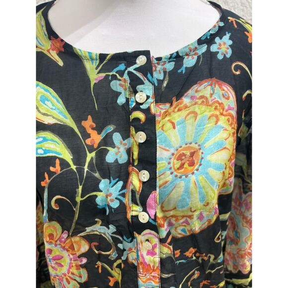 Athleta Floral Boho Tunic Top Black Multicolor Cotton Silk Blend M semi sheer - Picture 6 of 7